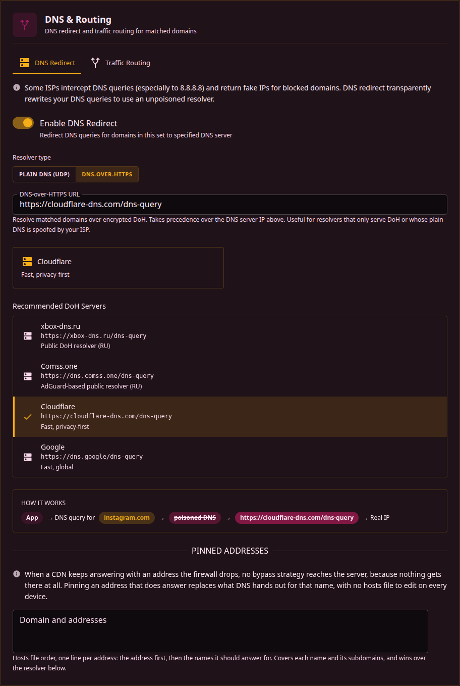 DNS redirect in DoH mode
